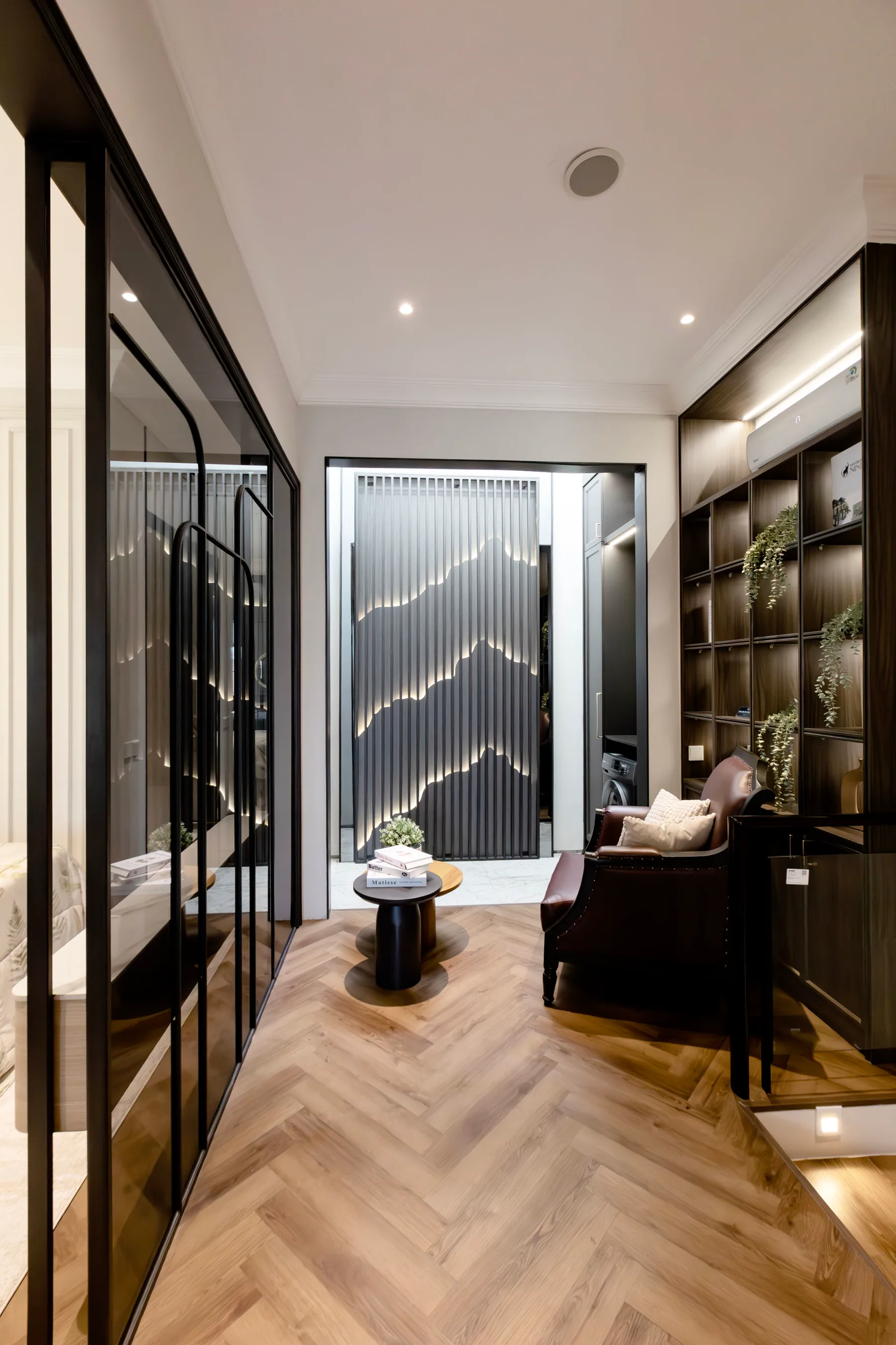 Patterned wood floor interior